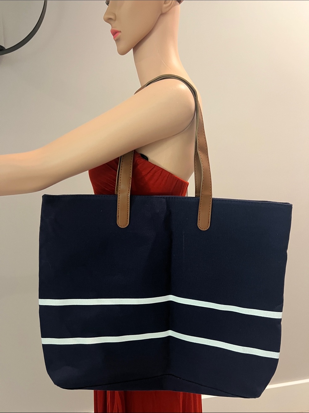 White House Black Market Navy Canvas Tote with White Stripes and Brown Handles